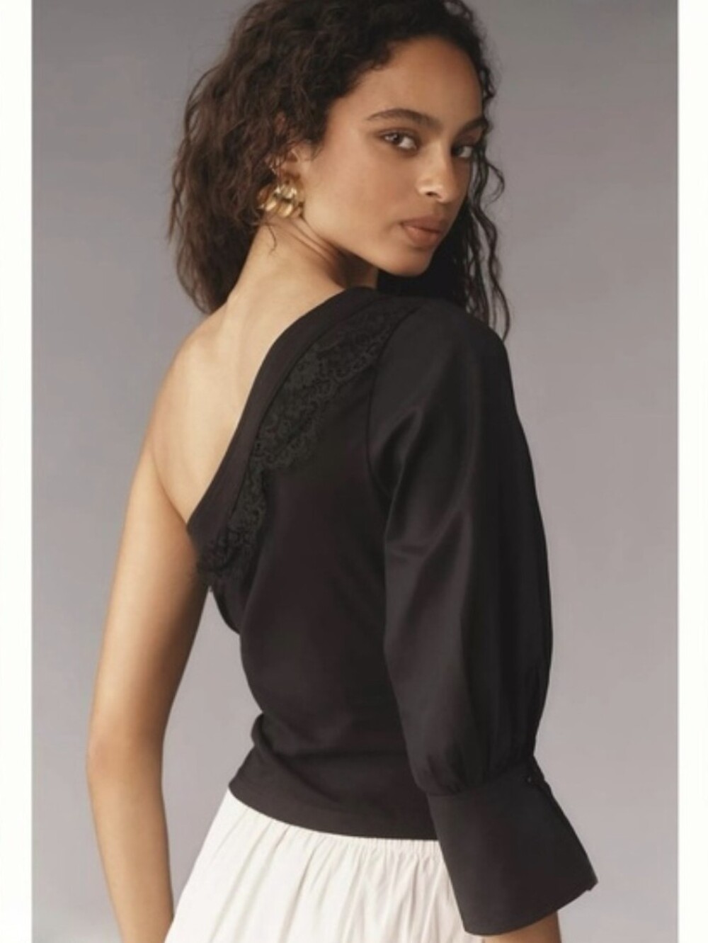 NWT By Anthropologie One-Shoulder Puff Sleeve Black Top - Picture 2 of 16